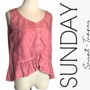 Sunday St Tropez Pink Linen Ruffle Tank S